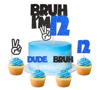 25Pcs Bruh I'm 12 Cake Topper Victory Gesture Bruh Dude Number 12 Cupcake Picks for Funny Boys 12nd Birthday Twelve Years Old Brother's Party Cake Decors