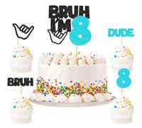 25Pcs Bruh I'm 8 Cake Topper Victory Gesture Bruh Dude Number 8 Cupcake Picks for Funny Boys 8th Birthday Eight Years Old Brother's Party Cake Decors