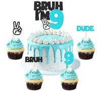 25Pcs Bruh I'm 9 Cake Topper Victory Gesture Bruh Dude Number 9 Cupcake Picks for Funny Boys 9th Birthday Nine Years Old Brother's Party Cake Decors
