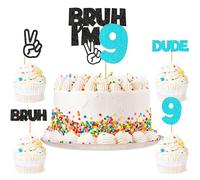 25Pcs Bruh I'm 9 Cake Topper Victory Gesture Bruh Dude Number 9 Cupcake Picks for Funny Boys 9th Birthday Nine Years Old Brother's Party Cake Decors