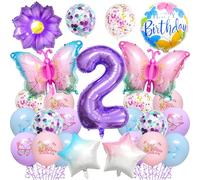 25PCS Butterfly 2nd Birthday Decorations for Girls -Purple Butterfly Balloon Set with Number 2 Giant Foil Balloon & Star Balloons, Birthday Party Supplies for 2 Year Old Girl