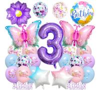 25PCS Butterfly 3rd Birthday Decorations for Girls -Purple Butterfly Balloon Set with Number 3 Giant Foil Balloon & Star Balloons, Birthday Party Supplies for 3 Year Old Girl