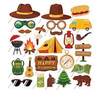 25Pcs Camping Photo Booth Props Kit DIY Happy Camper Theme Selfie Props Camping Adventure Party Decoration Ooutdoor Theme Forest Hiking Adventure Party Decor for Family Reunion