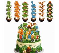 25Pcs Dinosaur Cupcake Toppers with Big Cake Topper, Dragon Birthday Party Decorations, Dino Flying Dragon Birthday Decorations for Boys Girls, Baby Shower Cake Supplies Decor