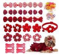 25Pcs Dog Hair Accessories Set for Small Medium Dogs, Flower Bows with Rubber Bands,Dog Hair Clip,Floral Bell Puppy Collar for Boy Girl Pomeranian Yorkie Poodle Maltese Shih Tzu Groomer (Red)