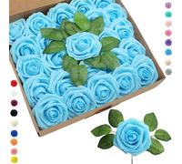25pcs Faux Baby Blue Roses Artificial Flowers Roses,Real Touch Foam Roses Fake Flowers Artificial Roses Bulk with Stem for Wedding Decor,Bridal Shower Crafts Home Baby Shower Valentines Day Decoration