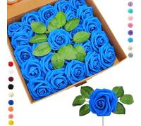 25pcs Faux Blue Roses Artificial Flowers Roses,Real Touch Foam Roses Fake Flowers Artificial Roses Bulk with Stem for Wedding Decor,Bridal Shower Crafts Home Baby Shower Valentines Day Decorations