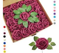 25pcs Faux Burgundy Roses Artificial Flowers Roses,Real Touch Foam Roses Fake Flowers Artificial Roses Bulk with Stem for Wedding Decor,Bridal Shower Crafts Home Baby Shower Valentines Day Decorations