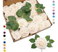 25pcs Faux Champagne Roses Artificial Flowers Roses,Real Touch Foam Roses Fake Flowers Artificial Roses Bulk with Stem for Wedding Decor,Bridal Shower Crafts Home Baby Shower Valentines Day Decoration