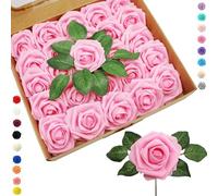 25pcs Faux Pink Roses Artificial Flowers - Real Touch Foam Roses Fake Flowers Bulk with Stem for Wedding Decor, Bridal Shower Crafts, Home, Baby Shower, Valentines Day Decorations