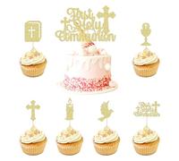 25Pcs First Holy Communion Cake Topper Gold Glitter Communion Cake Topper Dove Cross Cupcake Picks for First Communion Christian Baptism Party Cake Decorations Supplies