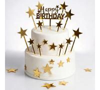 25PCS Gold Acrylic Happy Birthday Cake Toppers Set - Shining Star Shape HB Cake Decorations with Sticks, Non-Edible Reusable Party Cake Topper for Birthday Celebration