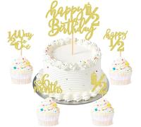 25pcs Golden 6 Months Cake Topper Happy 1/2 Birthday Cake Decorations for Girl, Rose Gold Glitter Half Birthday Party Supplies for Baby Shower, Gender Reveal Party Decorations