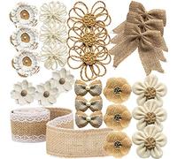 25PCS Handmade Natural Rose Flowers for Crafts, Jute Twine Burlap Flowers and Pearls Bow Rustic Decoration 8 Styles With 1 Lace Ribbon Roll for DIY Craft Wedding Party Christmas