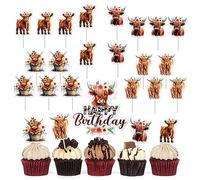 25pcs Highland Cow Cake Toppers, Highland Cow Birthday Decorations Cupcake Toppers for Farm Animal Zoo Boys Girls Happy Birthday Party Baby Shower Decorations