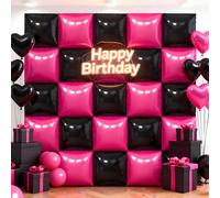 25Pcs Hot Pink and Black Square Foil Balloons Wall Backdrop, Double Sided Metallic Foil Balloons Tunnel Arch Garland Kit for Photo Booth Birthday Wedding Graduation Halloween Party Decorations