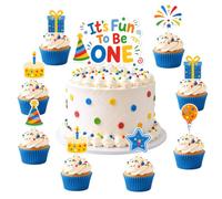 25Pcs It's Fun to Be One Cake Topper First Birthday Cupcake Decorations | Colorful Party Hat Cake Star Gift Box Balloon and Fireworks, 1st Birthday Cake & Cupcake Decors, for Boys Girls One Year Old