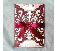 25PCS Laser Cut Burgundy Wedding Invitations Cards with Envelopes,Blank Inner Sheets,Ribbons for Wedding Bridal Shower Quinceañera Engagement Birthday Invites, (B001)