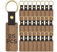 25Pcs Leather Wooden Keychain Blanks DIY Blank Wood Keychains with Leather Straps Walnut Wood Keyring Blanks Unfinished Wooden Keychains for Engraving Key Tags Wood Crafts for DIY Key Chains 6.5x2.8cm