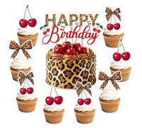 25Pcs Leopard Print Bow Cherry Cake Cupcake Toppers Cheetah Cherry Birthday Party Decorations Coquette Cheetah Cherries Cupcake Toppers Safari Animal Themed Cake Decor for Wild Birthday Party Supplies