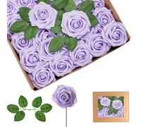 25Pcs Lilac Artificial Roses, Real Touch Foam Roses with Stems, 4 Leaves, Artificial Flowers for Wedding, Bridal Bouquets, Cake, Grave Stone, Table Centerpieces, Baby Shower, Funeral Decoration