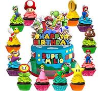 25Pcs Mario Cake Topper and Cupcake Toppers Set Birthday Party Supplies for Mario Themed Birthday Decorations