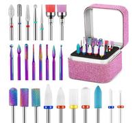 25Pcs Nail Drill Bits Set with Rhinestone Holder, 3/32 Inch Ceramic Diamond Carbide Cuticle Efile Remover Nail Drill Bit for Home Salon Acrylic Gel Polish Manicure Pedicure