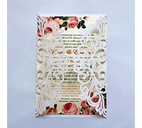 25PCS Pearl White Laser Cut Wedding Invitations Cards with Envelopes,Blank Inner Sheets,Ribbons for Wedding Bridal Shower Quinceañera Engagement Birthday Invites (B001)