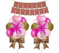 25Pcs Pink Cheetah Birthday Decorations, Pink Gold Cheetah Print Balloons with Heart Explosion Star Balloons, Happy Birthday Banner for Girls Women Safari Jungle Leopard Birthday Party Decorations