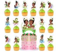 25Pcs Princess Frog Cake Decorations with 24pcs Cupcake Toppers 1pcs Cake Topper for Tiana Birthday Party Supplies
