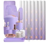 25Pcs Purple Bathroom Accessories Set with Shower Curtain and Rugs Complete- Trash Can, Lotion Dispenser, Soap Dish, Toilet Brush, Toothbrush Holder, Tumbler Cup, Tray, Canisters, Hooks