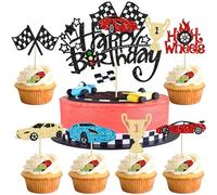 25Pcs Race Car Happy Birthday Cake Topper Sets Traffic Light Wheel Trophy Flag Helmet Racing Car Cupcake Toppers for Let's Go Racing Theme Baby Shower Boys Birthday Party Supplies