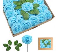 25Pcs Sky Blue Artificial Roses, Real Touch Foam Roses with Stems, 4 Leaves, Artificial Flowers for Wedding, Bridal Bouquets, Cake, Grave Stone, Table Centerpieces, Baby Shower, Funeral Decoration