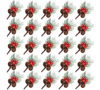 25PCS Snow Artificial Christmas Picks Holly Berry Stems, Small Pinecone Picks Mini Pine Needle Branches Twigs Xmas Pinecones Ornaments for Christmas Tree Garland Wreath Decorations Floral Arrangement