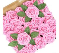 25pcs Soft Foam Roses with Stems for Wedding Ceremony Decor DIY Craft Supplies Home Decoration Floral Garlands and Table Settings (Light Red)