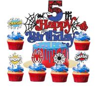 25Pcs Spider Themed (Glitter) Happy 5th Birthday Cake Topper for Spider Themed Birthday Anniversary Party Supplies，Spider Cake Happy Birthday Decoration (5th)
