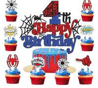 25Pcs Spider Themed (Glitter) Happy 5th Birthday Cake Topper for Spider Themed Birthday Anniversary Party Supplies，Spider Cake Happy Birthday Decoration (4th)