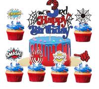 25Pcs Spider Themed (Glitter) Happy 5th Birthday Cake Topper for Spider Themed Birthday Anniversary Party Supplies，Spider Cake Happy Birthday Decoration (3th)