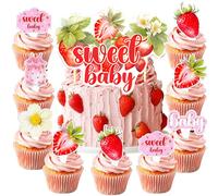 25PCS Strawberry Baby Shower Cupcake Toppers Cake Decorations A Berry Sweet Baby Is On The Way Decoration for Baby Girl Gender Reveal Decor