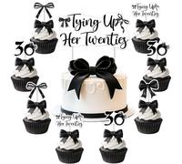 25Pcs Tying Up Her Twenties Decorations Black Bow 30th Birthday Cupcake Topper Black Bow Theme Cake Table Decoration for Women Coquette Bow Happy 30th Birthday Party Cupcake Picks Decor Supplies