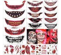25sheets Halloween Prank-Makeup Temporary Tattoos - Halloween Clown Big Mouth Face Teeth Tattoo Sticker Multiple Sizes for Adults Kids, Zombie Vampire Cosplay Party Fack Scary Blood Horror Prank Props
