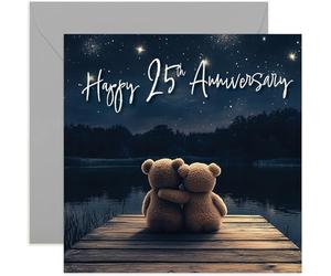25th Anniversary Card for Husband or Wife, Twenty-Fifth Wedding Anniversary for Couple Gift, Celebrating Twenty-Five Years Together as Married Couple, Cute Teddy Bears in Love, Premium Envelope