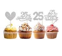 25th Anniversary Cupcake Toppers Silver, 25th Wedding Anniversary Heart Cake Decorations, Cheers to 25 Years, HSC Twenty Five Cupcake Picks for 25 Silver Wedding Celebration Party Supplies Decorations