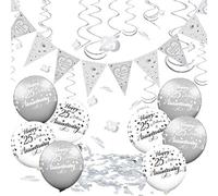 25th Anniversary Decorations Set - Silver Bunting, Balloons, Confetti for Silver Wedding Anniversary Party Supplies