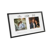 Happy Homewares Modern 25th Anniversary and Wedding Day Picture Frame in Silver and Black with Icons | Hearts Rings and Ribbon | Table or Wall