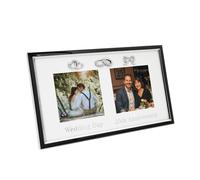 Happy Homewares Modern 25th Anniversary and Wedding Day Picture Frame in Silver and Black with Icons | Hearts Rings and Ribbon | Table or Wall