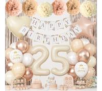 25th Beige Birthday Decorations for Women, Cream Foil Number Heart Tan Star Balloons Boho White Gold Nude Balloons with Neutral Happy Birthday Banner Fringe Curtain Tissue Paper Pom poms Party Decor