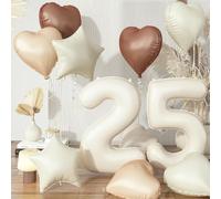 25th Birthday Balloons Set, Nude Brown Sand White Neutral Heart Balloon Decor, Cream Beige Tan Foil Number 25 Balloon Star Balloon for Women Men Birthday Anniversary Party Boho Decoration Supplies