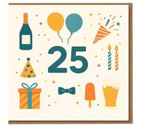 25th Birthday Card - Bold Number 25 with Balloons, Candles, Party Hat, Gift, Beer and Champagne - Fun Celebration Design