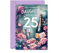 25th Birthday Card Daughter - Pink Presents Champagne Bottle - Gorgeous Pretty Beautiful Birthday Cards for 25 Year Old Woman Women, 5x7 Inch Greeting Cards Gift